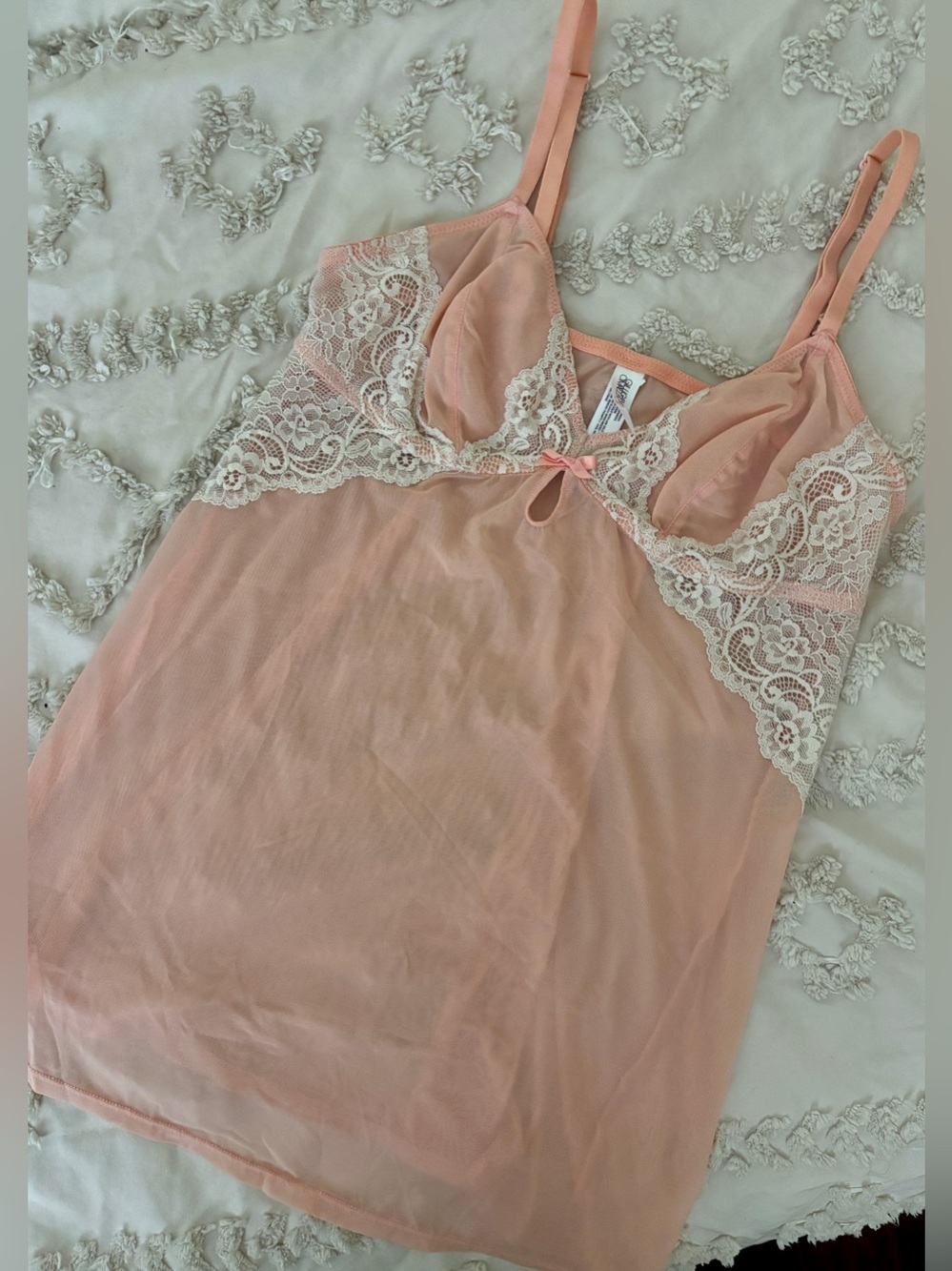 Gilligan & O'Malley Peach and White Lace Chemise Camisole Nightie Top Sheer Mesh